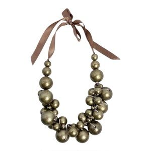 Chunky Metallic Bead Necklace with Ribbon Tie Gold Tone Champagne 40 Inch